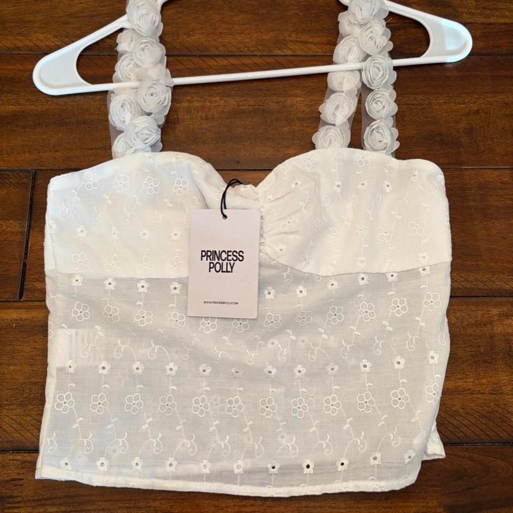 Princess Polly White Floral Embroidered Eyelet Crop Tank Top Rosette Straps XS
